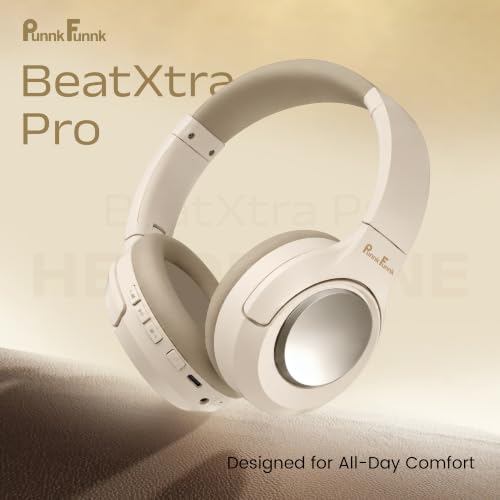 Image of PunnkFunnk BeatXtra Pro Wireless Bluetooth Headphones V5.3, Over-Ear Stereo Headset with 40mm Drivers, Noise Cancelling, Soft Cushioned Ear Cups, 10m Wireless Range, Teen & Adults (Beige)
