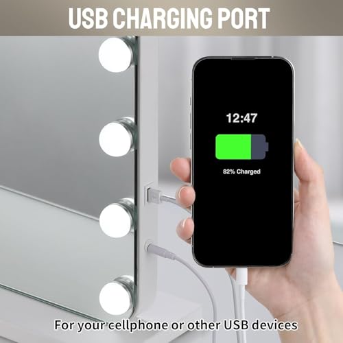 Hollywood Vanity Mirror with Lights, 15 Dimmable Led Bulbs, 3 Colors Lighting Modes, Lighted Makeup Mirror with 10x Magnification, USB Charging Port, Touch Control, Wall and Table Mirror (50x40cm)