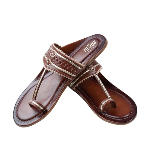 Image of Women's Kolhapuri Sandals - Handcrafted Leather Flats Chappals with Toe Ring, Comfortable Slip-On Ethnic Footwear with Embroidery & TPR Leather Sole