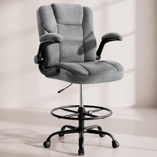 Image of Drafting Chair 500Lbs, Tall Office Chair for Standing Desk, Fabric Executive Office Chair with Flip-up Armrests, Ergonomic High Chair with Adjustable Foot Ring, Comfy Stool Chairs, Grey