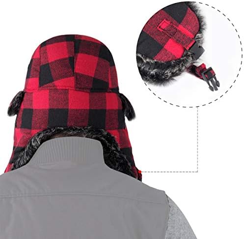 Onway Aviator Winter Hats for Men Bomber Hat with Faux Fur Ear Flaps, Red Black Plaid Trapper Hat