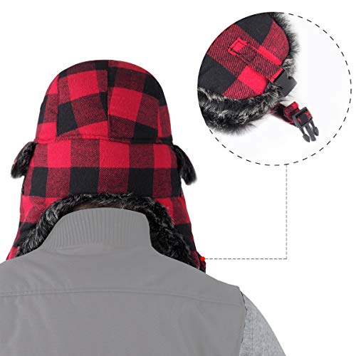 Onway Aviator Winter Hats for Men Bomber Hat with Faux Fur Ear Flaps, Red Black Plaid Trapper Hat