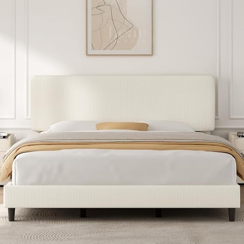 Image of Yaheetech King Bed Frames with Adjustable Headboard, Chenille Fabric Upholstered Headboard /Platform Bed, King Size Bed Frame No Box Spring Needed /Wood Slats Support /Easy Assembly /Beige