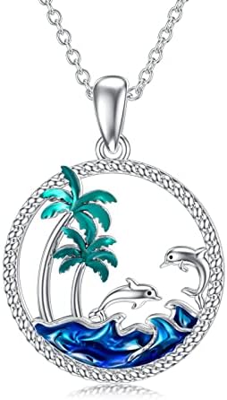 PROESS Dolphin Necklace Sterling Silver Palm Tree Pendant Necklace Ocean Wave Jewelry Gift For Women Girls