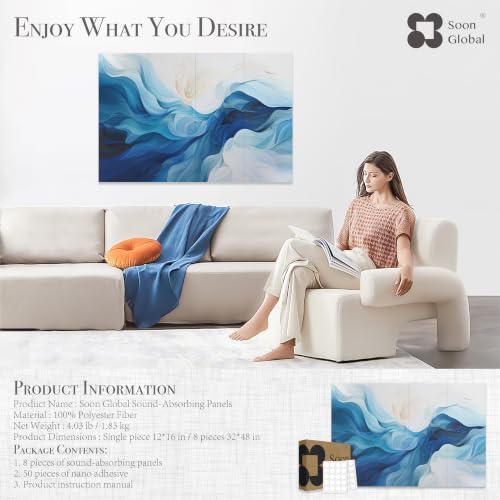 Image of Soon Global 8-Pack Acoustic Panels, Soundproof Wall Panels, 48 X 32 Inches Sound Absorbing Panels, Decorative Acoustical Wall Panels, Acoustic Treatment for Recording Studio, Harmony in Azure