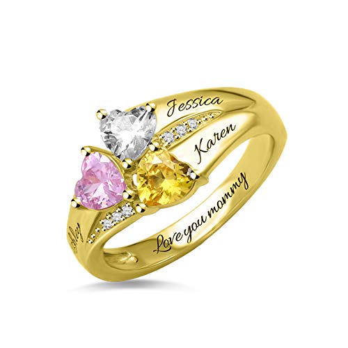 AILIN Custom Heart Birthstone Rings 925 Sterling Silver/Brass Personalized 3 Kids Couple Names Mothers Day Birthday Gifts For Women Mom Grandma3