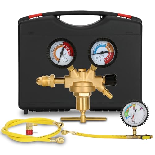 Kit de comprobador de presión para sistemas HVAC automotrices 53010, regulador de presión de nitrógeno, manguera de carga, adaptador de detección de fugas, conector R134a, cajas de plástico moldeada