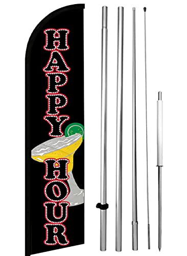 4 less Co HAPPY HOUR Windless Swooper Flag Feather Banner Sign 15 ft Tall Large Pole Spike Kit kf-h