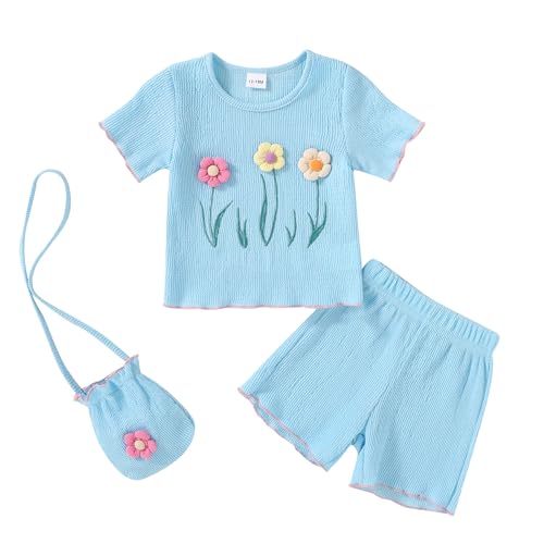 YOUNGER TREE Toddler Baby Girl Clothes Summer Ruffle Short Set Flower Short Sleeves T-Shirt Tops + Shorts Cute Outfits Set Blue 4-5T