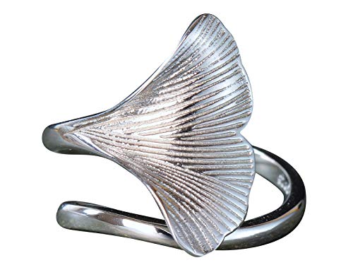 NicoWerk PREMIUM Damen Silberring aus 925 Sterling Silber - Damenring - Verstellbar mit Ginkgo-Blatt Ginko verziert - Designed in Germany - Inkl. Geschenkverpackung - Schmuck - SRI229