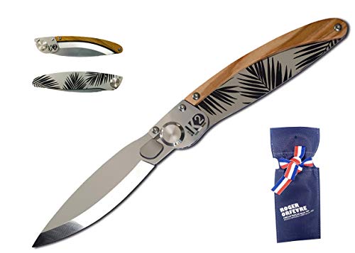 ROGER ORFEVRE - Couteau K2 Feuilles - Couteau de Poche Pliable - Manche en Olivier - Verrouillage à Une Main - Livré avec Un Étui - Labellisé Esprit de Thiers - Fabriqué en France
