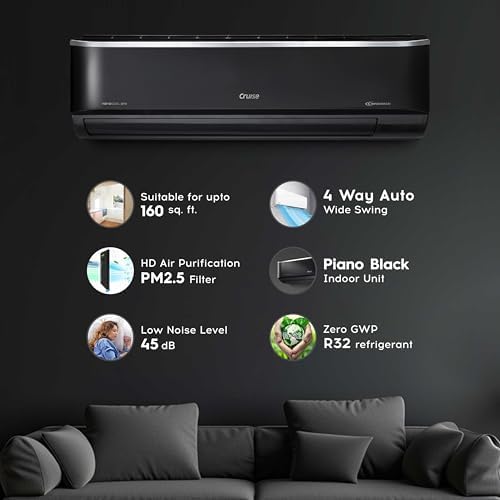 Image of Cruise Limited Edition 1.5 Ton 3 Star Black Inverter Split AC (5200W, Copper, Heavy Duty, 4-in-1 Convertible Cooling, 4-Way Swing, PM 2.5 Filter, Anti-Rust Tech, CWCVBL-VP3F183BL, Piano Black)