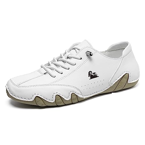 OJPO Driving Shoes for Men Casual Slip Ons Mens Fashion Shoes Comfort Handmade Chukka Dress Casual Shoes size8.5(Narrow) White