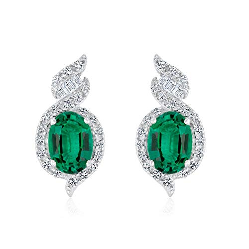 Women's & Ladies Sterling Silver Earrings W/Lab-Created (Lab-Grown) Oval Shaped Emeralds & White Sapphire Accents, Green Emerald Centerpiece W/Halo Of White Sapphire Sterling Silver Earrings For