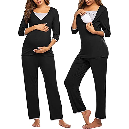 AIRMOOD Ensemble De Pyjama D'allaitement Pour Femmes, Chemise À Manches Longues À Col En V Vêtements De Nuit En Coton Allaitement Nuisette Pjs, Vêtements De Maternité Pour Hôpital,Noir,S Cover