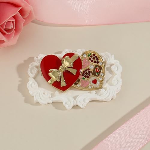 Image of Valentines Heart Brooch Pins for Women | Red Heart Gift Box Pins for Women | Valentines Wedding Party Accessories Gift