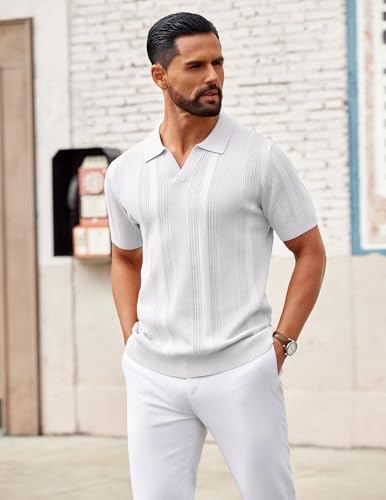 Image of COOFANDY Mens Knit Polo Shirts V Neck Textured Polo Shirts Short Sleeve Breathable Polo Casual Collared T Shirt Fashion Tops