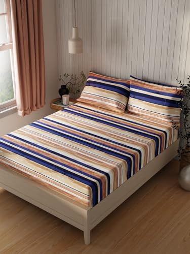 Image of KOPA Extra Smooth Cotton Double Bedsheet with 2 Pillow Covers -3pc Set (Lopez) | Extra Smooth Cotton | 1 Double Bedsheet with 2 King Size Pillow Covers Stripe-lt.Brown