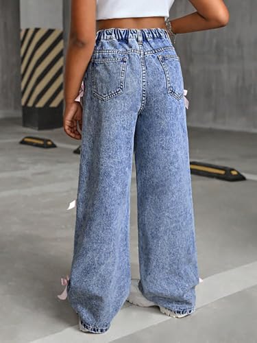 Girls Cute Bow Denim Jeans Button Waist Wide Leg Denim Pants Fall Casual Washed Jean Trouser Outerwear Clothes2