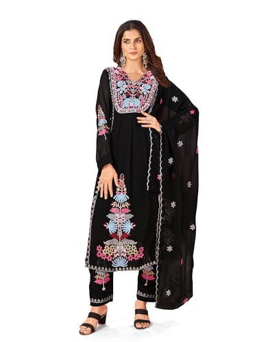 Image of Fabzoo Women's Georgette Embroidery Work & Original Mirror Anarkali Kurta Palazzo & Dupatta Set | Kurta & Palazzo Full Stitch And Full Inner | Palazzo Full Elastic.