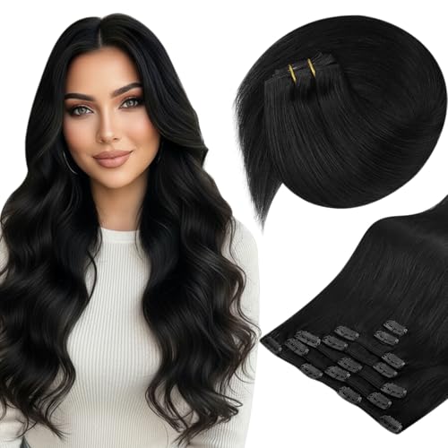 Image of Sunny Hair Clip in Hair Extensions Real Human Hair Natural Black 14 Inch | Human Hair Clip in Extensions, Secure Clips, Natural Length and Volume for Easy at Home Application for Office Styling 105g