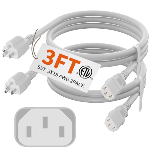 HUANCHAIN 2 Pack 3 FT Power Cord 3 Prong, 18/3 C13 PC Power Cable for Comeputer, Monitor, TVs, Projectors, Desktops, Speakers, NEMA 5-15P to C13 10A 125V 1250W 18AWG, White ETL Listed