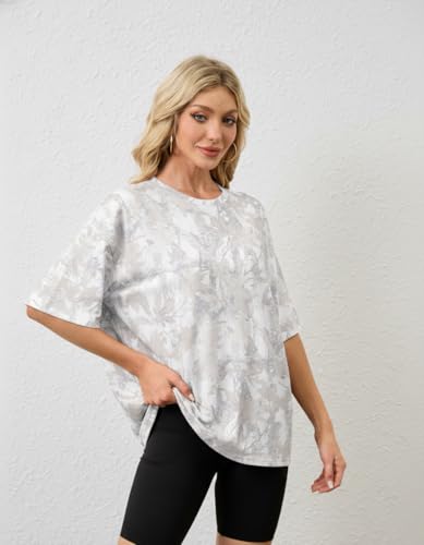 Image of MSBESYOR Camo Shirt for Women Maple Leaf Print Short Sleeve Crewneck T-Shirts Summer Oversized Tee Shirts Streetwear