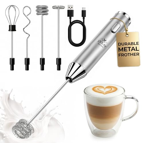 Image of Zulay Kitchen Rechargeable Milk Frother Handheld - Frother Wand, Drink Mixer, Electric Whisk Frother, for Cappuccinos, Matcha & Protein Powder - Ultra Metal 4 Whisk, 1800mAh Silver