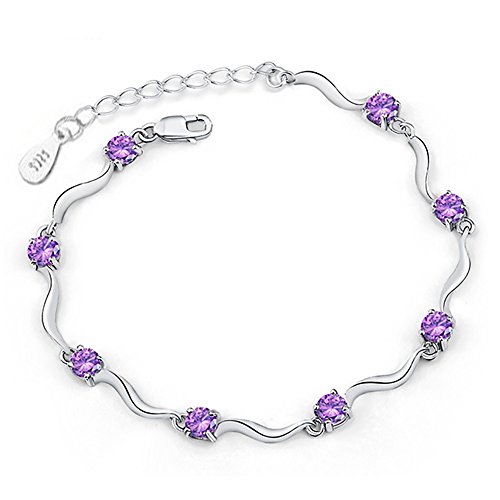 QIAN0813 925 Sterling Silver Plated Bracelet for Women Charm Wave Bamboo Bracelet Cubic Zircon Crystal Bracelet Gift (Purple)