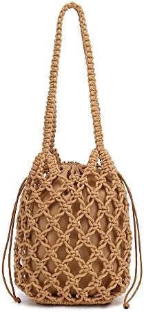 Woven Bucket Handbag for Women, Summer Beach Tote Bag Drawstring Shoulder Bag, Girls Handmade Bucket Bag for Travel Beach 1 Woven Bucket Handbag for Women, Summer Beach Tote Bag Drawstring Shoulder Bag, Girls Handmade Bucket Bag for Travel Beach