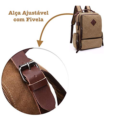 Mochila de Lona Masculina com Partes em Couro e Compartimento Para Notebook de Até 15.6 Polegadas Im