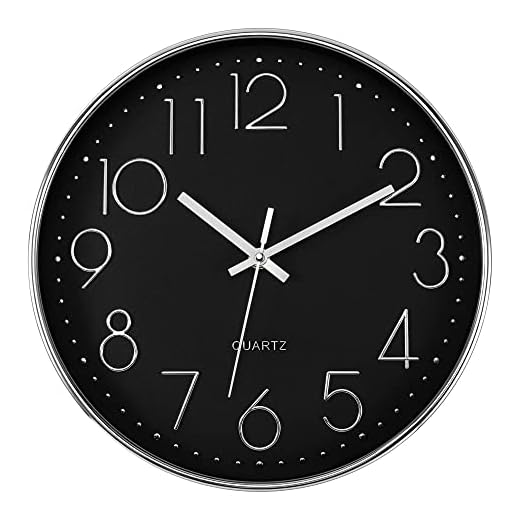 Foxtop Silver Wall Clock Silent Non-Ticking Battery Operated Quartz Round Wall Clock for Living Room Bedroom Home Office School Decor (12 Inch, Black Dial)