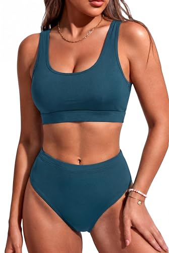Image of Tempt Me Women Two Piece Scoop Neck Bikini Crop Top High Cut Swimsuit Sporty High Waisted Bathing Suit with Bottoms