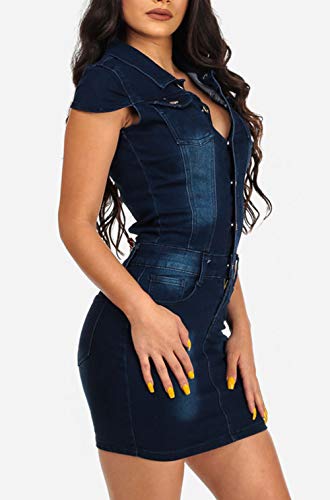 chouyatou Women's Cap Sleeve Bodycon 1/2 Button Placket Mini Denim Pencil Dress3