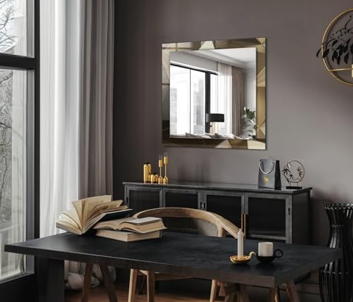 Grand miroir rectangulaire 60x60cm avec cadre géométrique bois style boho