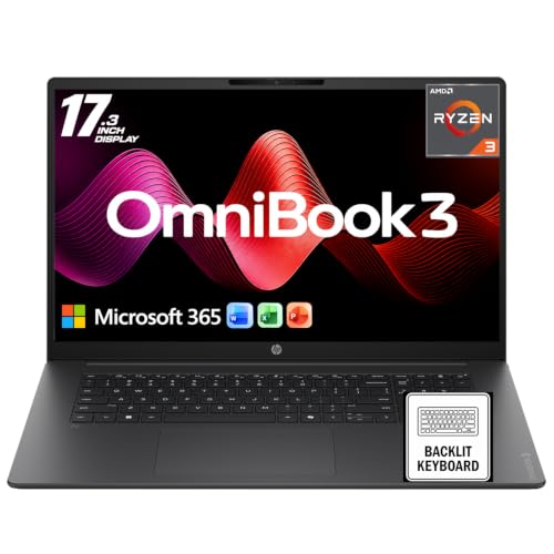 Image of HP OmniBook 3 17.3 inch FHD IPS Laptop, AMD Ryzen 3 30, 8GB LPDDR5 RAM, 512GB SSD, Backlit Keyboard, Wi-Fi 6, Bluetooth 5.4, Copilot Key, 1080p FHD Webcam, Windows 11 Home with Microsoft 365 for the Web