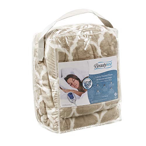 Beautyrest Ogee Printed Plush Electric Blanket For Cold Weather, Fast Heating, Auto Shut Off, Virtually Zero Emf, Multi Heat Setting, Ul Certified, Machine Washable, Tan Oversized Throw 60X70 #TOP5