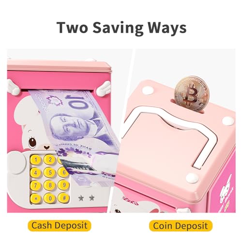 Piggy Bank Toy Electronic Mini ATM Savings Machine with Personal Password & Fingerprint Unlocking Simulation - Music Box with Songs for Kids, Boys and Girls Age 3-8 Years (Pink)