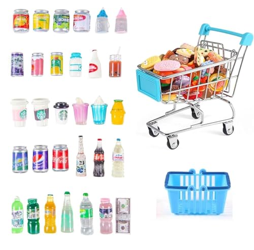 Cesta de la compra de metal con accesorios en miniatura, botella de bebidas, supermercado, carretilla de mano para tienda de negocios, juego de rol, tienda de muñecas, juego de cosplay, pastel de