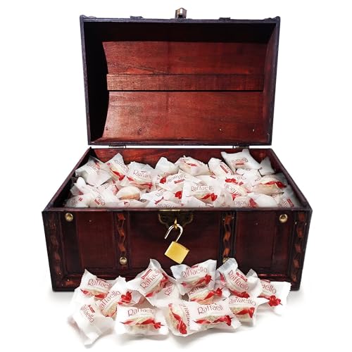 infinimo süßigkeiten kindergeburtstag Schatztruhe Kindergeburtstag gefüllt mit 66stk Raffaello (Ca. 2kg alle zusammen)- Geschenk-Box verschließbar mit Deckel - 28x19x15cm groß