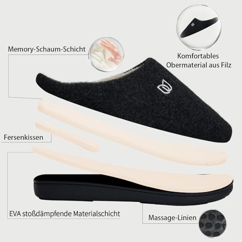 WateLves Filzpantoffeln Herren Hausschuhe Pantoffeln im Herbst und Winter Slipper Unisex mit Rutschfest Sohle Filzlatschen(Schwarz, 43.5EU)