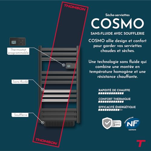 THOMSON- Sèche-serviette électrique sans fluide connecté WiFi avec soufflerie 500 + 1000W Thomson COSMO noir