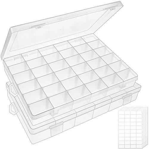 OUTUXED 2 Pack 36 Grids Clear Plastic Bead Organizer Box, Fishing Tackle Box Compartment Organizer with Adjustable Dividers for Jewelry, Art Craft, Bead Storage Containers with 5 Sheets Label Stickers