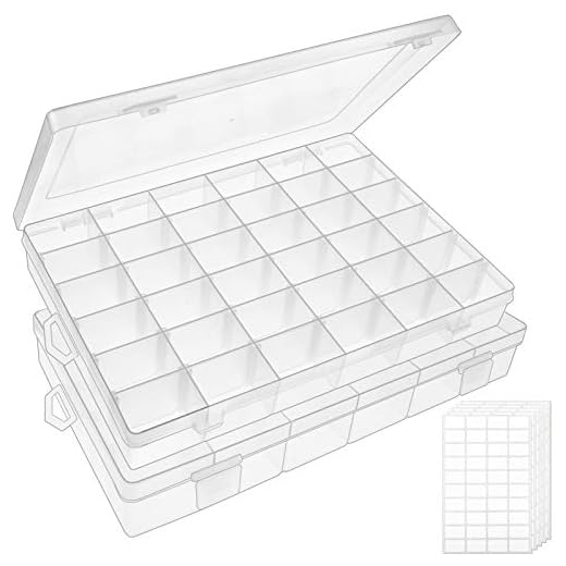 OUTUXED 2pack 36 Grids Clear Plastic Organizer Box Container Craft Storage with Adjustable Dividers for Beads Organizer Art DIY Crafts Jewelry Fishing Tackles with 5 Sheets Label Stickers