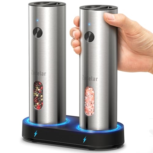 Zadelar Rechargeable Electric Salt and Pepper Grinder Set with USB-C Charging Base, Stainless Steel Automatic Salt and Pepper Shakers, Adjustable Coarseness, LED Light, Large Capacity, Kitchen Gift