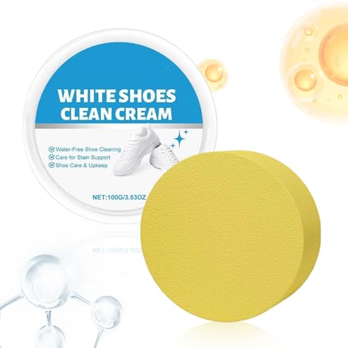 White Shoe Cleaner – Anti Yellow Cream, 100g Sneakers Cleaning Kit with Sponge | Gentle White Shoe Cream for Leather, Mesh, Rubber & Canvas | Removes Stains & Yellowing for Women & Men