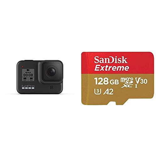 GoPro HERO8 Black - Cámara de acción Digital 4K Resistente al Agua con estabilización hipersuave, Pantalla táctil + SanDisk Extreme - Tarjeta de Memoria microSDXC de 128 GB con Adaptador SD