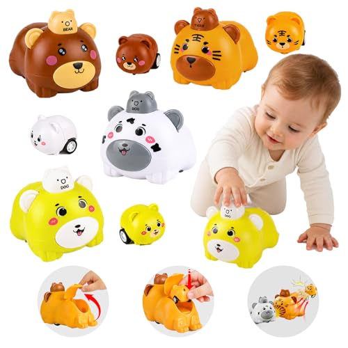CIUGEO Press to Go Car Toys for Toddlers Infant 1-3, Animal Friction Powered Push and Go Car Toys, Christmas Birthday Gifts for Boys and Girls