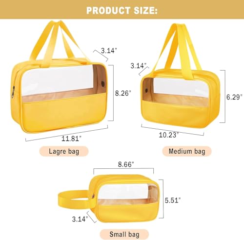 Image of KBS Toiletry Kit Cosmetic Makeup Storage Organizer Clear Styilish Wash Bag Pouch Set of 3 for Travel Luggage Transparent with Metal Zipper Gift for Men Women Girls (Yellow)