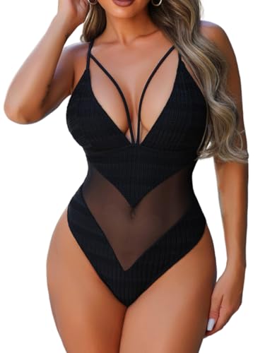 High-Cut Cheeky Monokini for Women, Deep-V Neck Strappy Mesh Bathing Suits, Low-Back Sexy One Piece Swimsuit